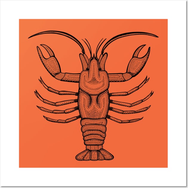 Crayfish or Mudbug Ink Art - cool animal design - on orange Wall Art by Green Paladin